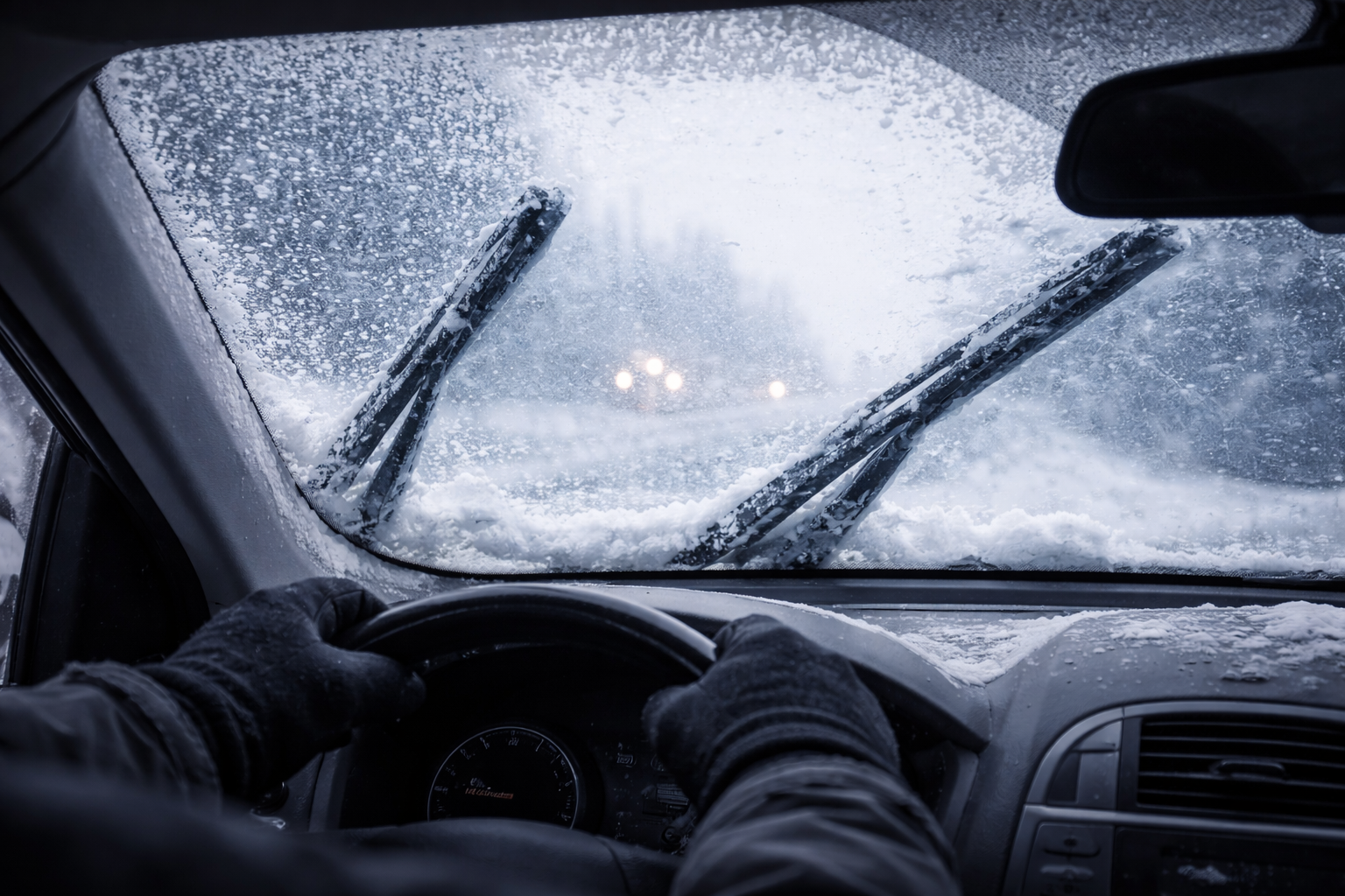 Driver unable to see clearly through windshield as frozen windshield wipers fail during a winter snowstorm