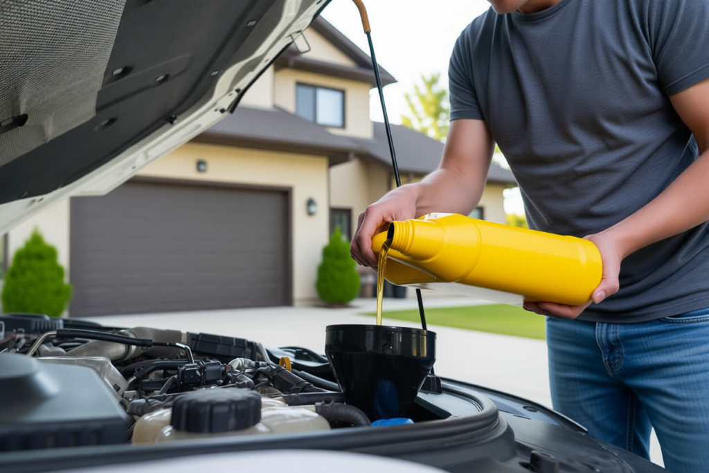 Adding engine oil during a spring oil change as part of vehicle maintenance in Amherstburg