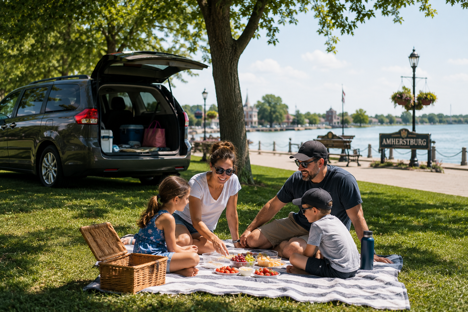 family having a picnic in the park in amherstrburg ontario with their van vehicle maintenance in the summer